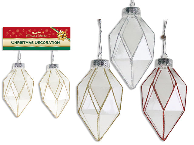 Carton of 24 2Pk 4.75In X 2.5In Xmas Clear Shaped Ornament W/ Glitter + String. 3 Asst.Colours. H/C.