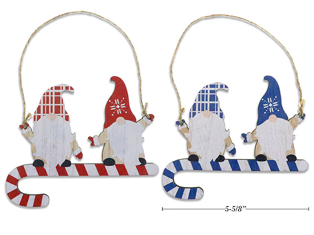 Carton of 12 5-7/8in x 5-1/8in Die-Cut MDF Xmas Gnome on Candy Cane Hanging Ornament. 2 Cols: Red / Blue. Cht.