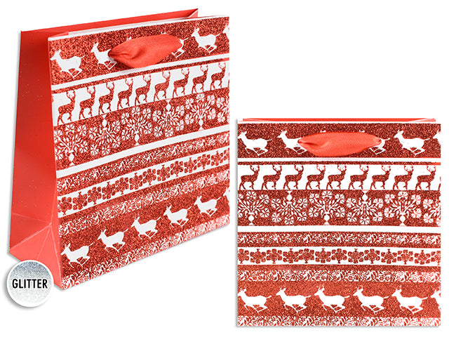 Carton of 12 Xmas Matte Jacquard W/Full Glitter Reindeer Giftbag-Small W/Satin Handle. J-Hook.