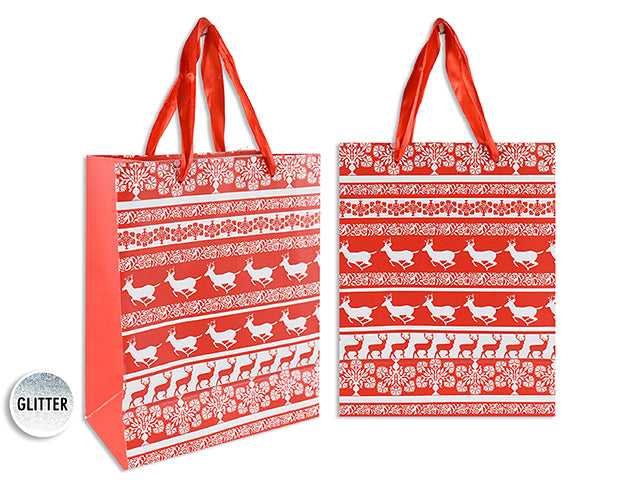 Carton of 12 Xmas Matte Jacquard W/Full Glitter Reindeer Giftbag-Medium W/Satin Handle. J-Hook