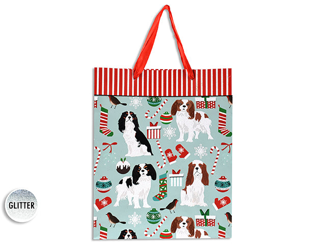 Carton of 12 Xmas Matte W/Glitter Dog Giftbag - Medium W/Red Satin Handle. J-Hook.