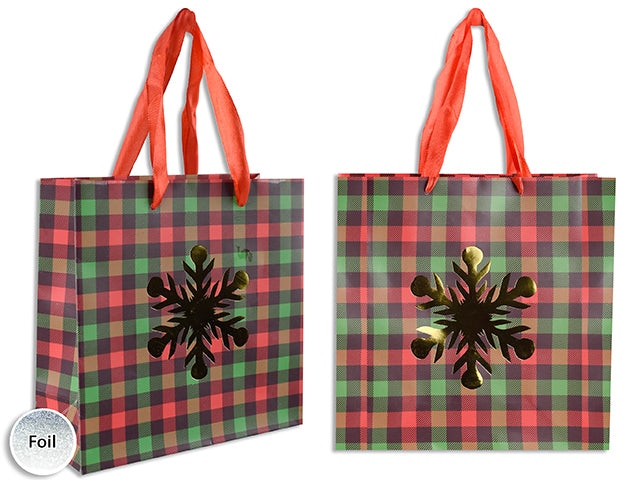 Carton of 12 Xmas Matte Plaid Gold Foil Hotstamp Snowflake - Small W/Red Satin Handle. J-Hook.