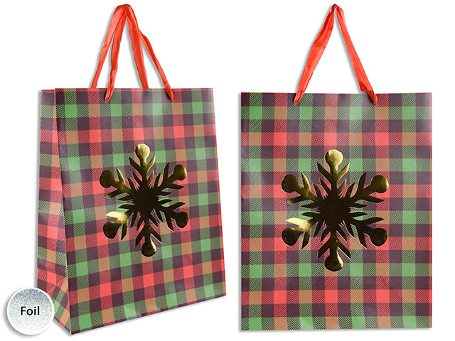 Carton of 12 Xmas Matte Plaid Gold Foil Hotstamp Snowflake - Medium W/Red Satin Handle. J-Hook.