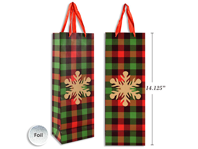 Carton of 12 Xmas Matte Plaid Gold Foil Hotstamp Snowflake - Bottle W/Red Satin Handle.J-Hook.