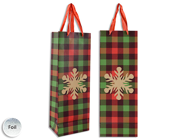 Carton of 12 Xmas Matte Plaid Gold Foil Hotstamp Snowflake - Bottle W/Red Satin Handle.J-Hook.