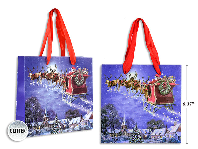 Carton of 24 Xmas Matte W/Glitter Santa Scene Giftbag-Small W/Red Satin Handle. J-Hook.