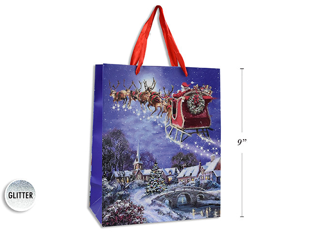 Carton of 24 Xmas Matte W/Glitter Santa Scene Giftbag-Medium W/Red Satin Handle. J-Hook.