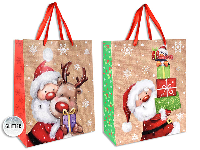 Carton of 12 Xmas Matte W/Glitter Santa Giftbag - Medium W/Red Satin Handle. 2 Asst.Styles. J-Hook.