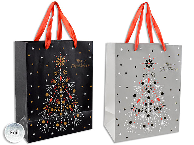 Carton of 24 Matte W/ Gold Foil Hotstamp Xmas Tree Giftbag - Medium W/Satin Handle. J-Hook.