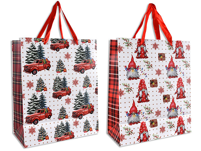 Carton of 12 Xmas Matte W/Glitter Vintage Truck / Gnome Giftbag - Jumbo W/Red Satin Handle. 2 Asst.Styles. J-Hook.