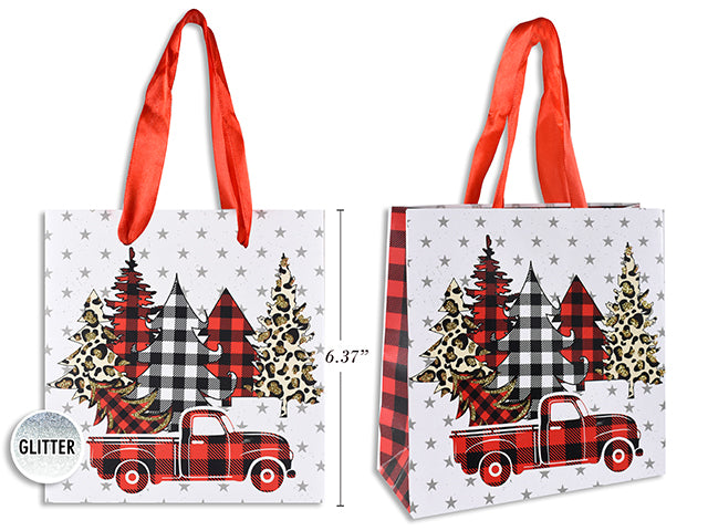 Carton of 24 Xmas Matte W/Glitter Buffalo Plaid Tree Giftbag - Small W/Red Satin Handle. J-Hook.