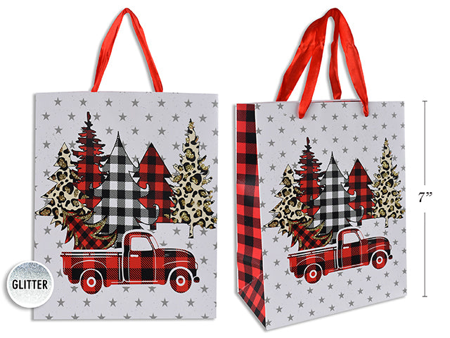 Carton of 24 Xmas Matte W/Glitter Buffalo Plaid Tree Giftbag - Medium W/Red Satin Handle. J-Hook.