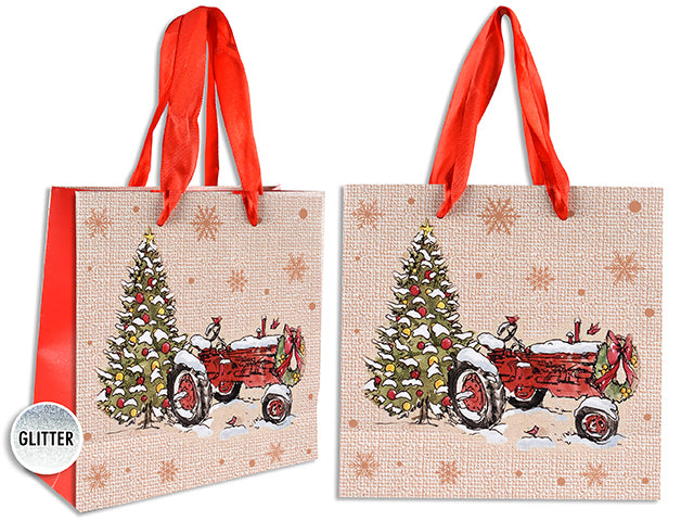 Carton of 12 Matte W/Glitter Vintage Xmas Truck Giftbag-Small W/Red Satin Handle. J-Hook.