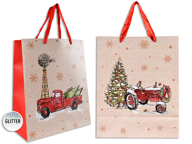 Carton of 12 Matte W/Glitter Vintage Xmas Truck Giftbag-Large W/Red Satin Handle. J-Hook.