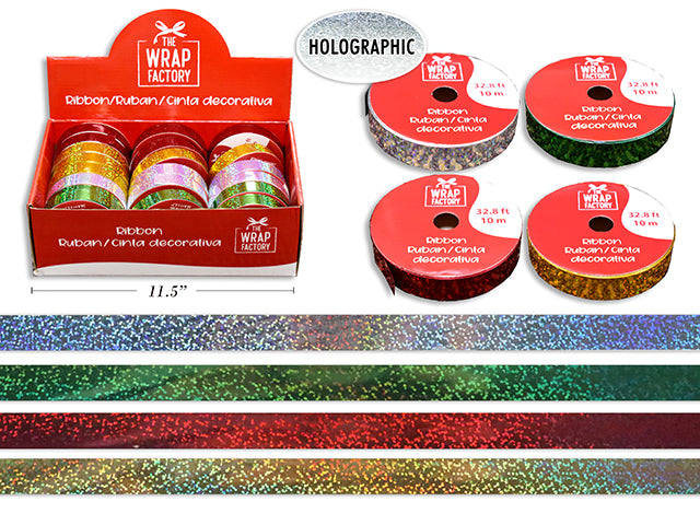 Carton of 24 32.8Ft Xmas Lacquer/Holographic Decorative Ribbon. 4 Asst.Colours. 24/Dsp.