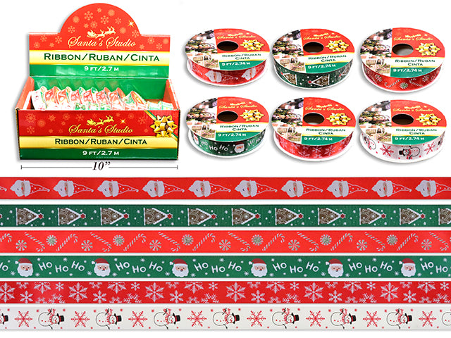 Carton of 24 3Yd X 0.75In Xmas Printed Satin Ribbon. 6 Ass.Styles. 24/Dsp.