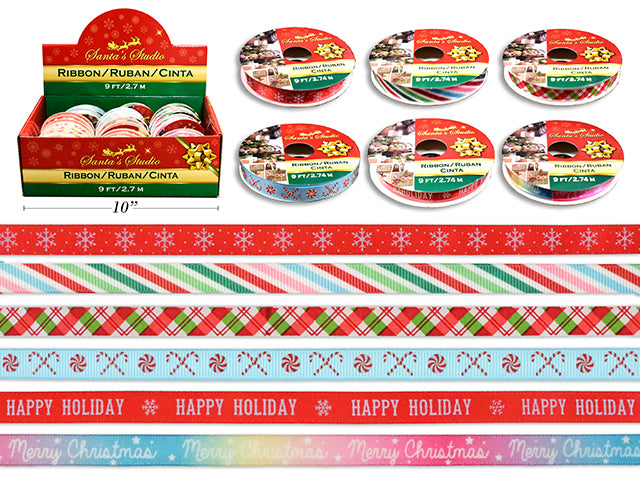 Carton of 36 3Yd X 9Mm Xmas Printed Satin Ribbon. 6 Asst.Styles. 36/Dsp.