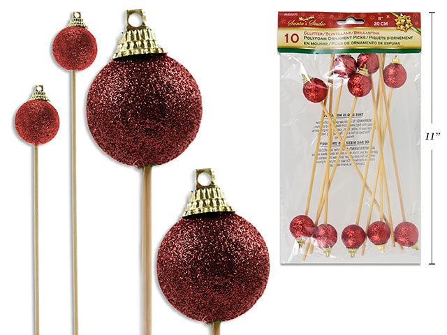 Carton of 24 10Pk 7In Xmas Glitter Polyfoam Ornament Picks. Pbh.