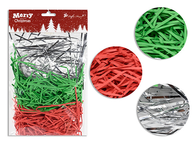 Carton of 24 20G (0.75Oz) Xmas Silver Foil + Red/Green Solid Colour Paper Shred. 3 Asst. Colours To Pack. Pbh.