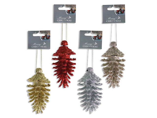 Carton of 12 4.75In X 2-3/8In Xmas Glitter Pine Cone Ornament. 4 Asst.Colours. H/C.