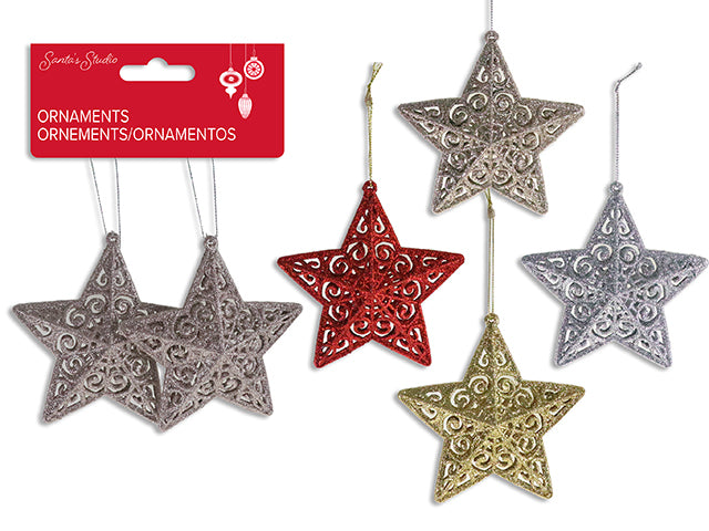 Carton of 12 2Pk 4.25In (D) Xmas Glitter Die-Cut 3-D Star Ornament. 4 Asst.Colours. H/C.