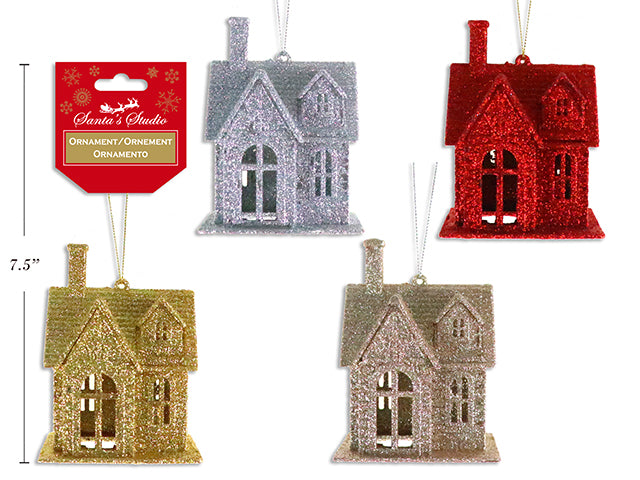 Carton of 12 4In (H) X 3In (W) X 2-3/8In (D) Xmas Glitter Die-Cut 3-D House Ornament. 4 Asst.Colours. H/C.