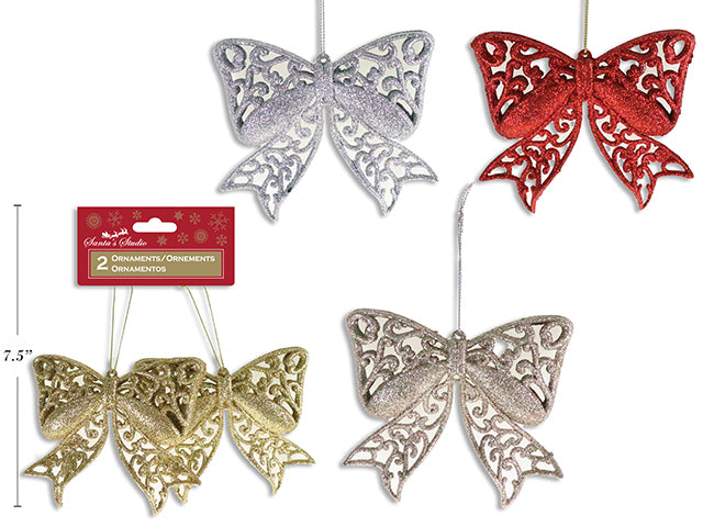 Carton of 12 2Pk 4.25In(W) X 4In(H) Xmas Glitter Die-Cut 3-D Bow Ornament. 4 Asst. Colours. H/C.