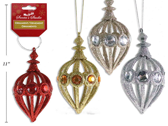 Carton of 12 3.5In(H) X 2.75In(D) Xmas Glitter Die-Cut 3-D Teardrop Ornament W/Jewels. 4 Asst. Colours. H/C.