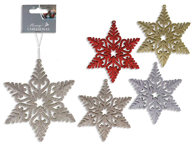 Carton of 12 5-7/8In(H) X 5-1/8In(W) Xmas Glitter Die-Cut 2-Layer 3-D Snowflake Ornament. 4 Asst. H/C.