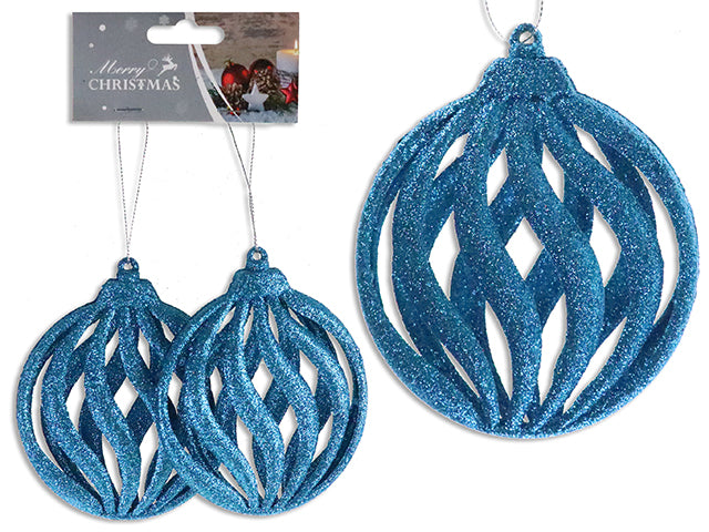 Carton of 12 2Pk 4.25In(L) X 4In(W) Xmas Die-Cut Glitter 3-D Round Wave Ornament. 4 Asst.Colours. H/C.