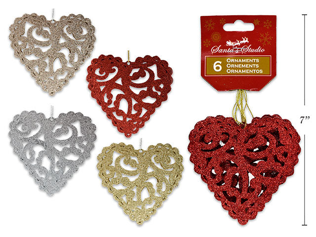 Carton of 12 6Pk 4In X 4In Xmas Glitter Die-Cut Heart Ornament. 4 Asst.Colours. H/C.