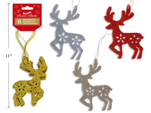 Carton of 12 6Pk 4.75In(H) X 3.5In(W) Xmas Die-Cut Glitter Reindeer Ornament. 4 Asst. Colours. H/C.