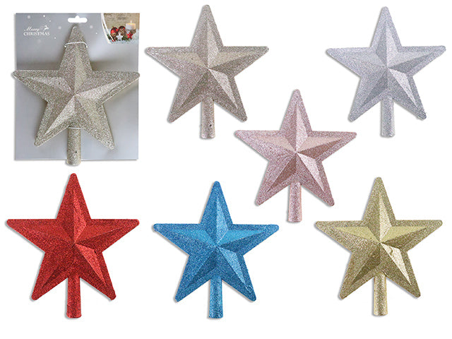 Carton of 12 8.25In X 7-7/8In Xmas 3D Glitter Star Tree Topper. 4 Asst.Colours. T.O.C.