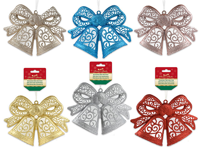 Carton of 12 13.75In(W) X 11-3/8In(L) Xmas Glitter Die-Cut 3-D Double Bell W/Bow Hanging Decor. 4 Asst. H/C.