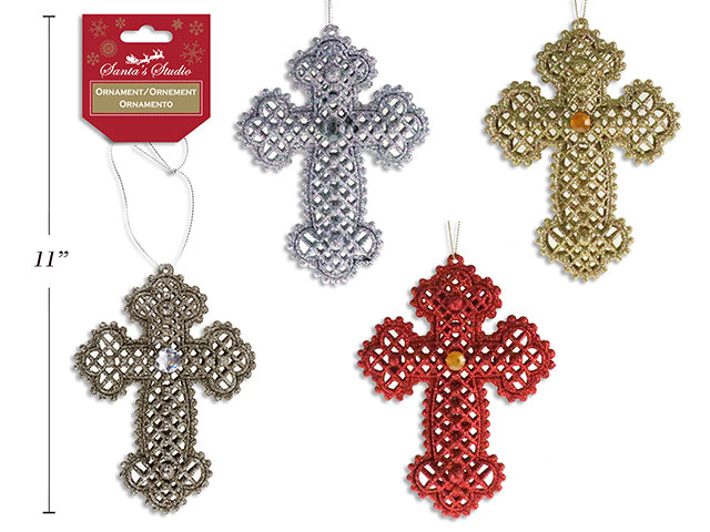 Carton of 12 5-1/8In(H) X 4In(W) Xmas Glitter Die-Cut 3-D Cross Ornament W/ 2-Jewels. 4 Asst. Colours. H/C.