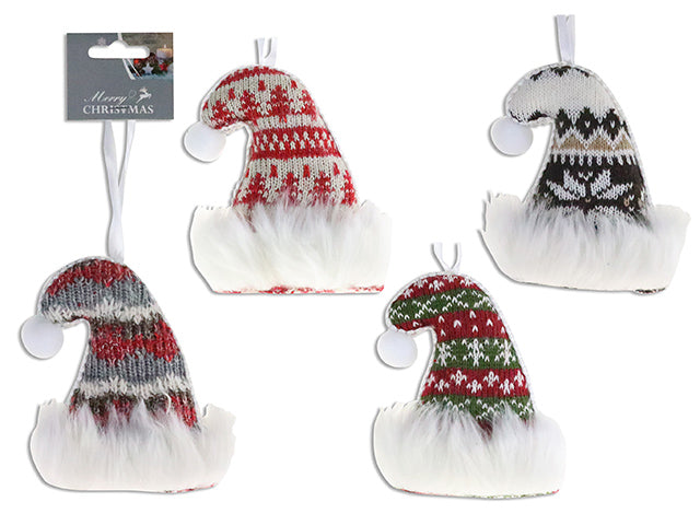 Carton of 12 5.5In X 4.75In Xmas Knitted Printed Santa Hat Ornament W/Plush Cuff + Pom Pom. 3 Asst. H/C.