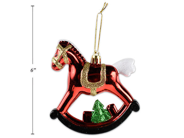 Carton of 12 4.25In X 4In Xmas Glitter Rocking Horse Ornament W/Gold String. Cht.