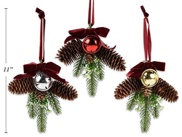 Carton of 24 10.25In Xmas Pine Cone Ornament W/Metal Jingle Bell + Velvet Bow + Hanger. 3 Asst.Colours. Cht.