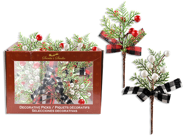 Carton of 60 7In Xmas Glitter Berry Pine Pick W/Buffalo Plaid Bow. 2 Asst.Cols/Style. 2 Asst.Styles. Cht. 60/Dsp