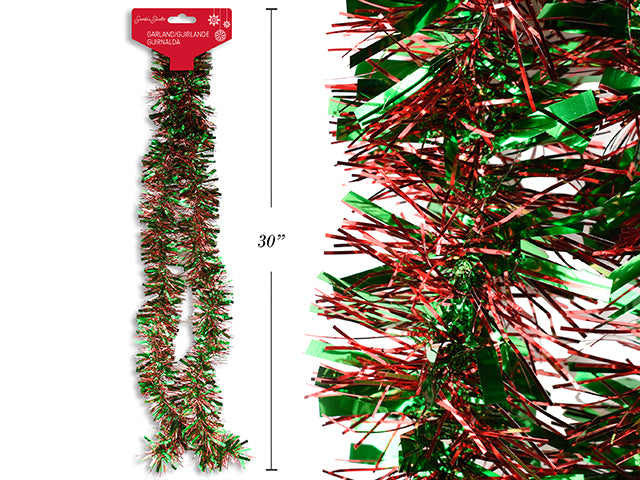 Carton of 24 9Ft X 5Ply Xmas Green / Red Tinsel Chunky Garland. 3.5In Tips. Cht.