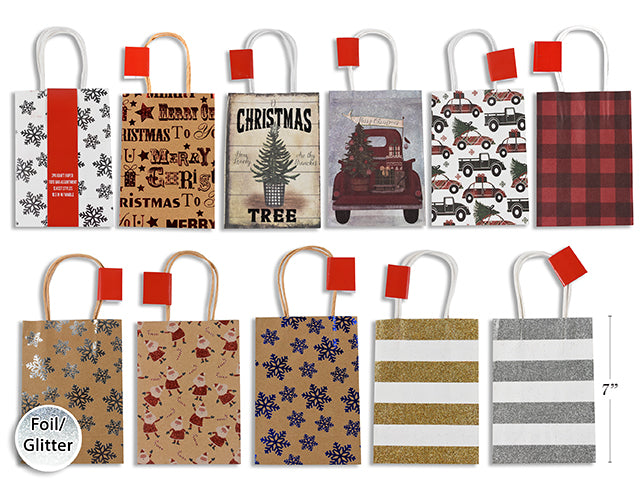 Carton of 48 2Pk Xmas Kraft Tote Bag Assortment. 12 Assorted. Incl: Glitter/ Foil/ Printed. Paper Band.