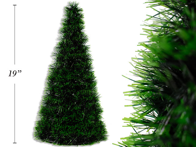 Carton of 12 19In(H) X 10In(Bd) Xmas Tinsel Pine Tree. 2 Asst.Styles: Snow Tipped / Green. Cht.