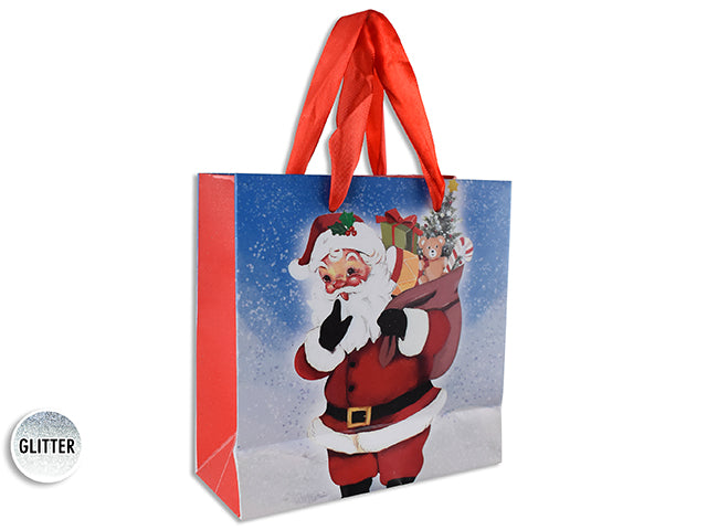 Carton of 12 Xmas W/Glitter Vintage Santa / Snowman Giftbag - Small W/Red Satin Handle. J-Hook.