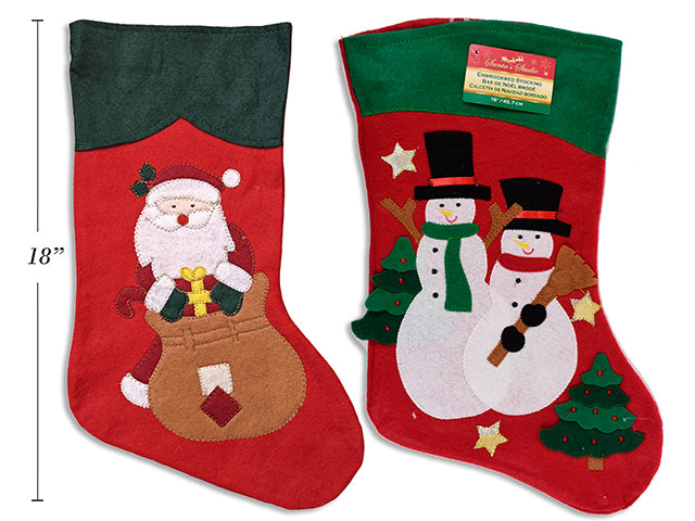 Carton of 24 18In Xmas Felt Embroidered Character Stocking W/ Plush Cuff. 2 Asst.Styles. Cht.