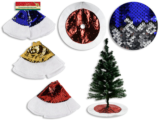 Carton of 12 18In Xmas Sequin Flip Tree Skirt W/Plush Border. 3 Asst.Colours. Cht.