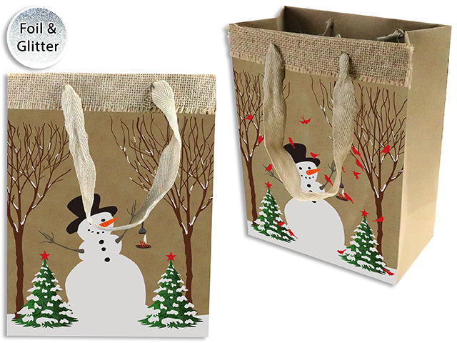 Carton of 24 Xmas Kraft Foil Printed Snowman Giftbag - Medium W/2-Side Linen + Jute Hanger. J-Hook.