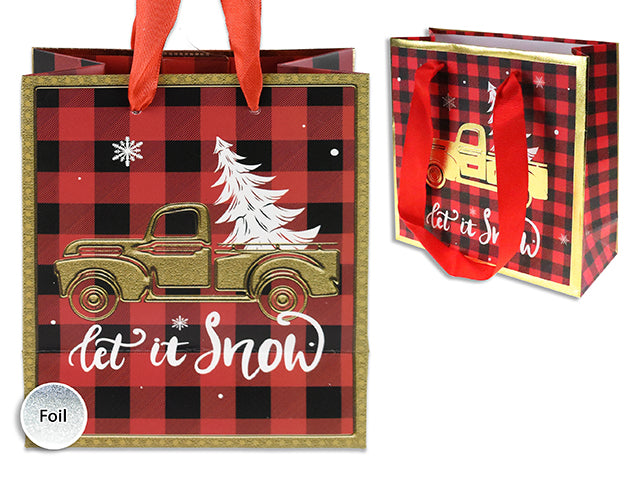 Carton of 12 Matte Buffalo Plaid Foil Xmas Truck Giftbag-Small W/Ribbon Hanger. J-Hook.