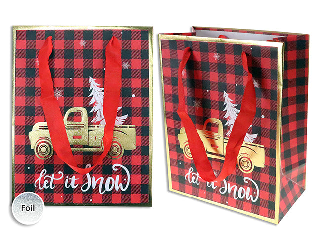 Carton of 12 Matte Buffalo Plaid Foil Xmas Truck Giftbag-Large W/Ribbon Hanger. J-Hook.