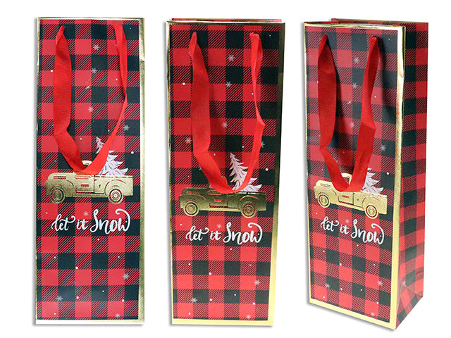 Carton of 12 Matte Buffalo Plaid Foil Xmas Truck Giftbag-Bottle W/Ribbon Hanger. J-Hook.