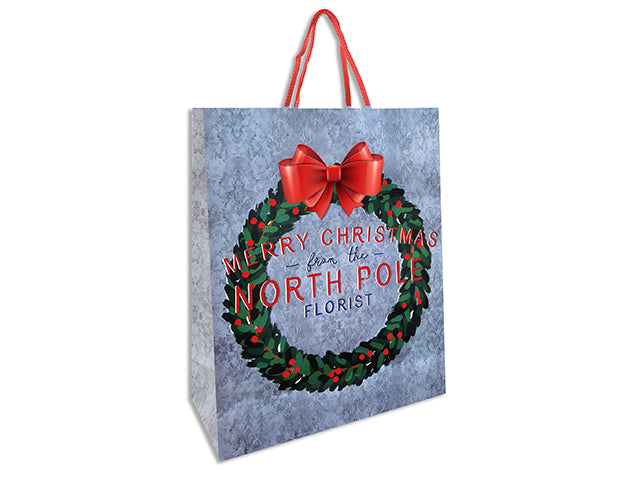 Carton of 24 Matte Laser Printed Xmas Truck Giftbag - Large W/Red Rope Hanger. J-Hook.